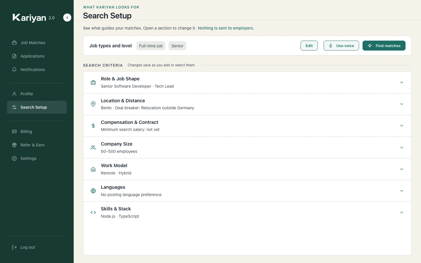 The search setup screen with employment type and level selected.
