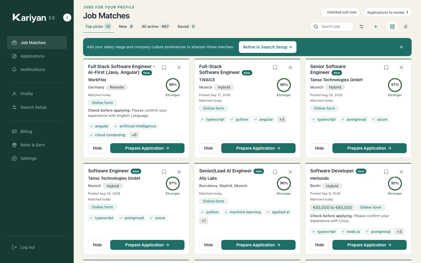 The match feed with four jobs, each showing its fit and one point to check.