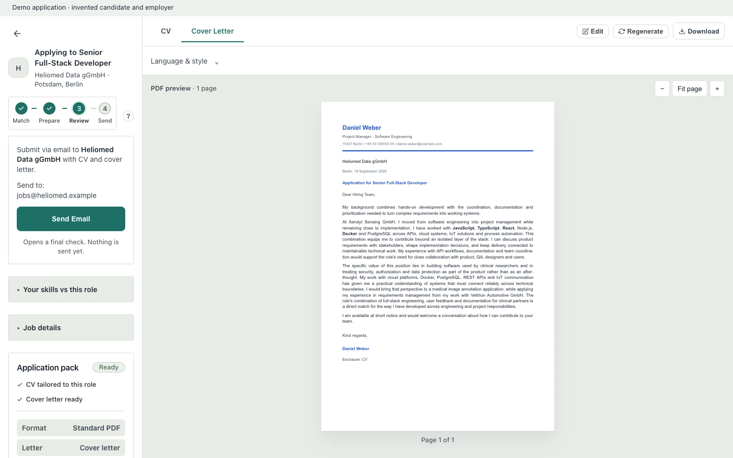 The prepared cover letter for one application, open for editing.