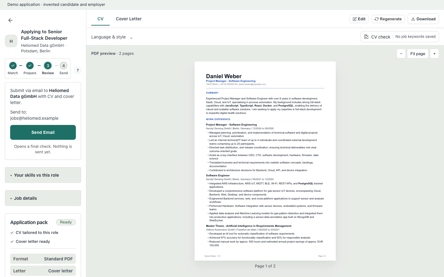 The review screen with the prepared CV and the button that sends the application.