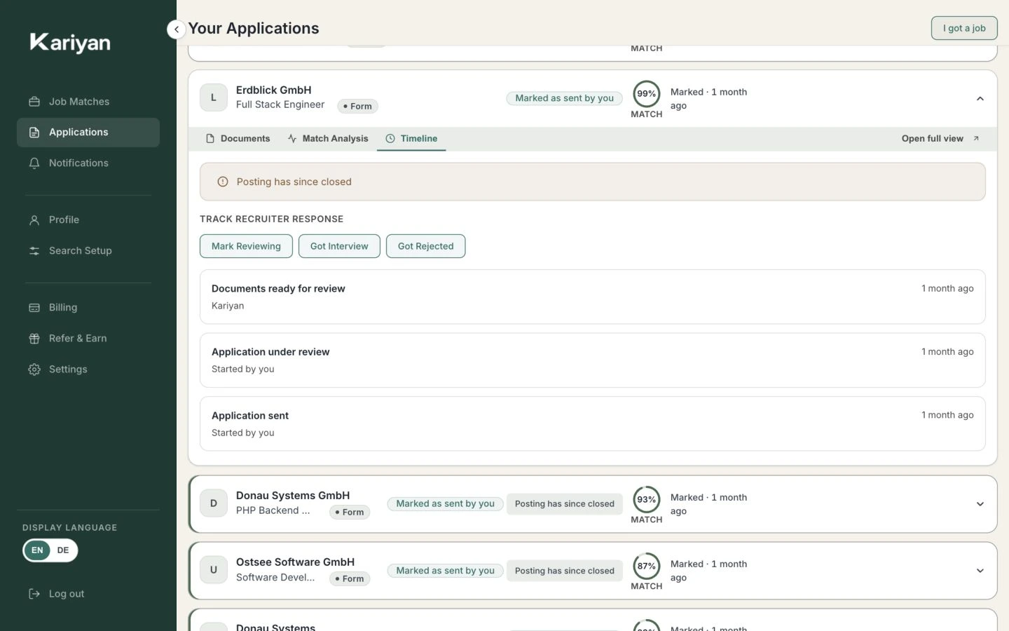 Der Verlauf einer Bewerbung: Unterlagen bereit, Bewerbung gesendet, aktueller Status.