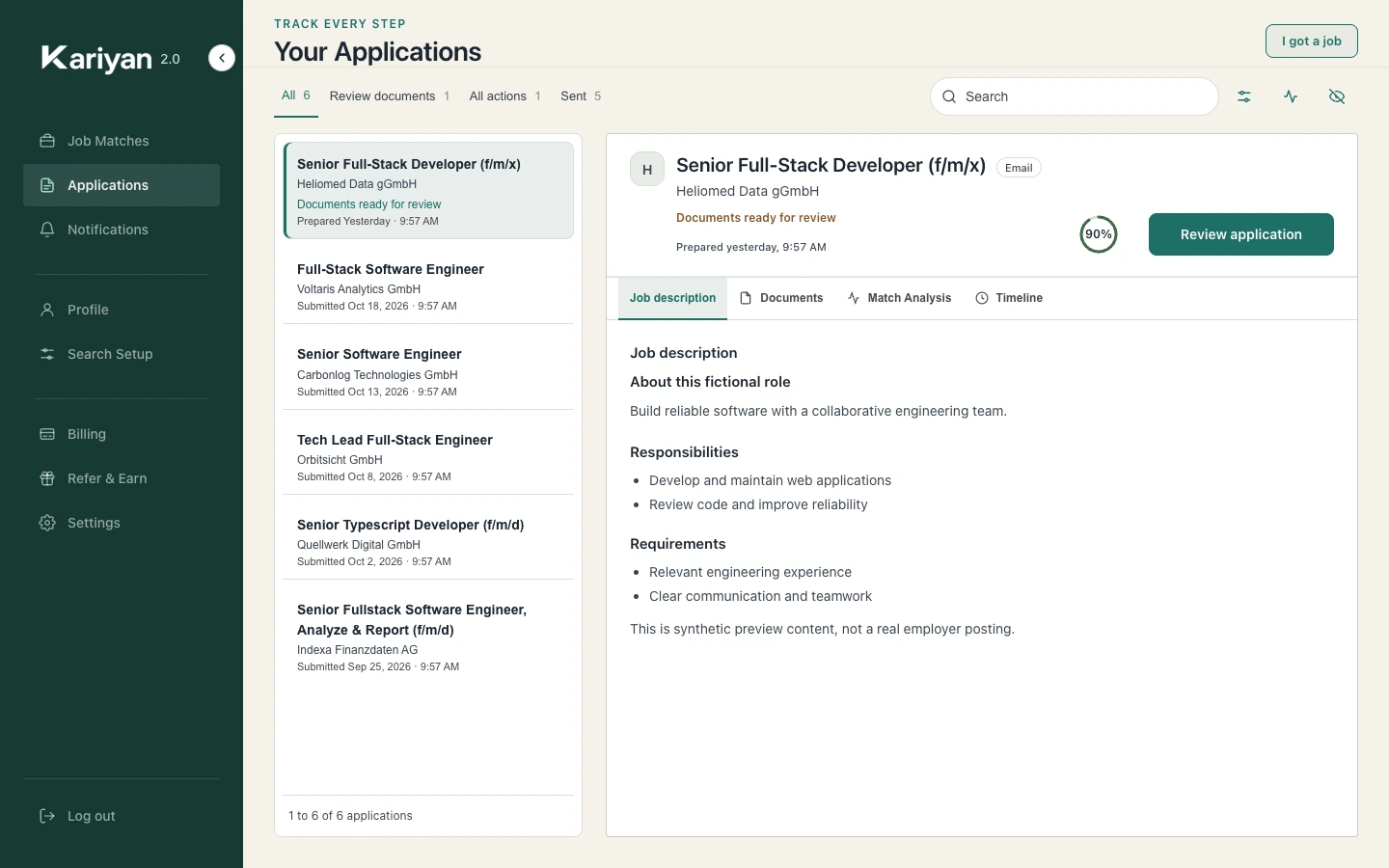 The application tracker showing documents ready for review and submitted applications.