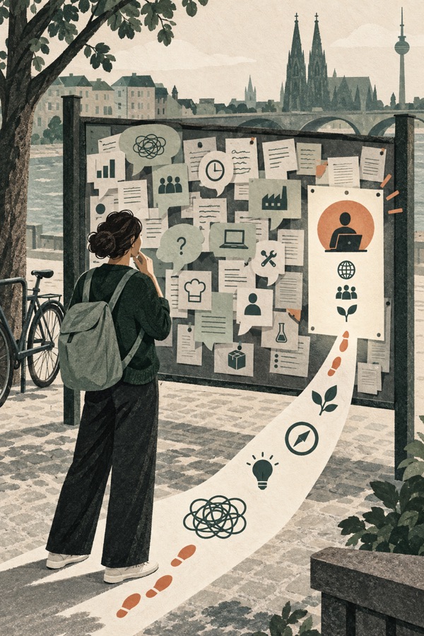 A job seeker finds a clear route through a crowded noticeboard toward a job opportunity.