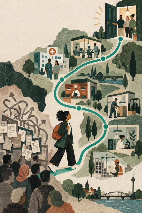 A job seeker follows a clear route from a crowded noticeboard to a range of workplaces.
