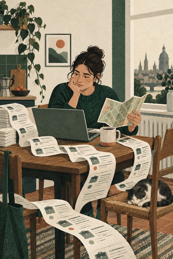 A job seeker facing a crowded paper trail, with a clear route emerging.