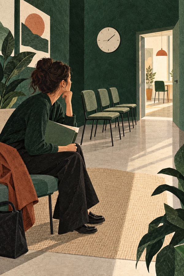 A job seeker waits in a quiet interview room, with a promising opening ahead.