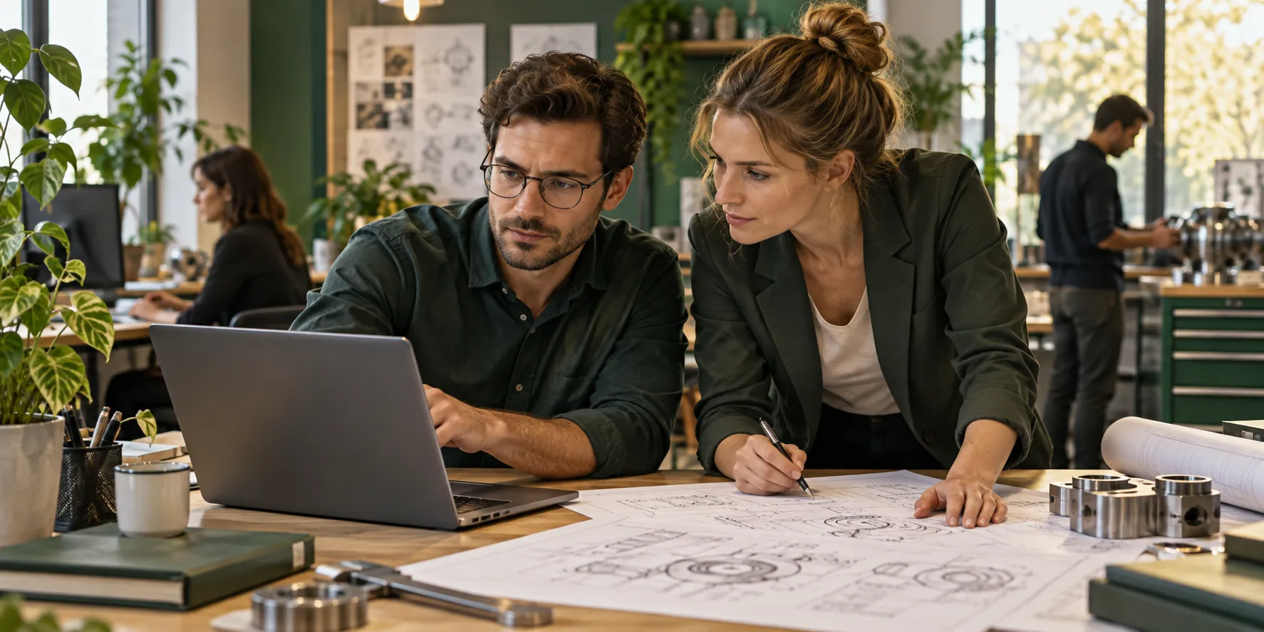 Zwei Fachkräfte besprechen technische und betriebliche Pläne.