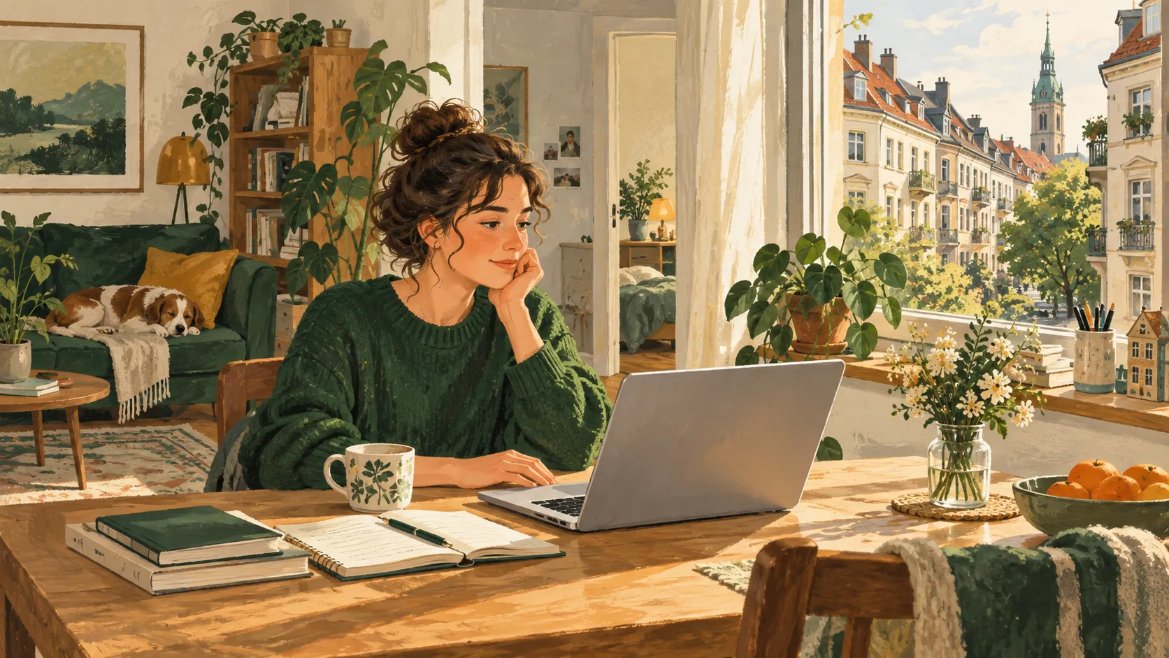 Eine Frau arbeitet an einem Schreibtisch zu Hause in Deutschland.