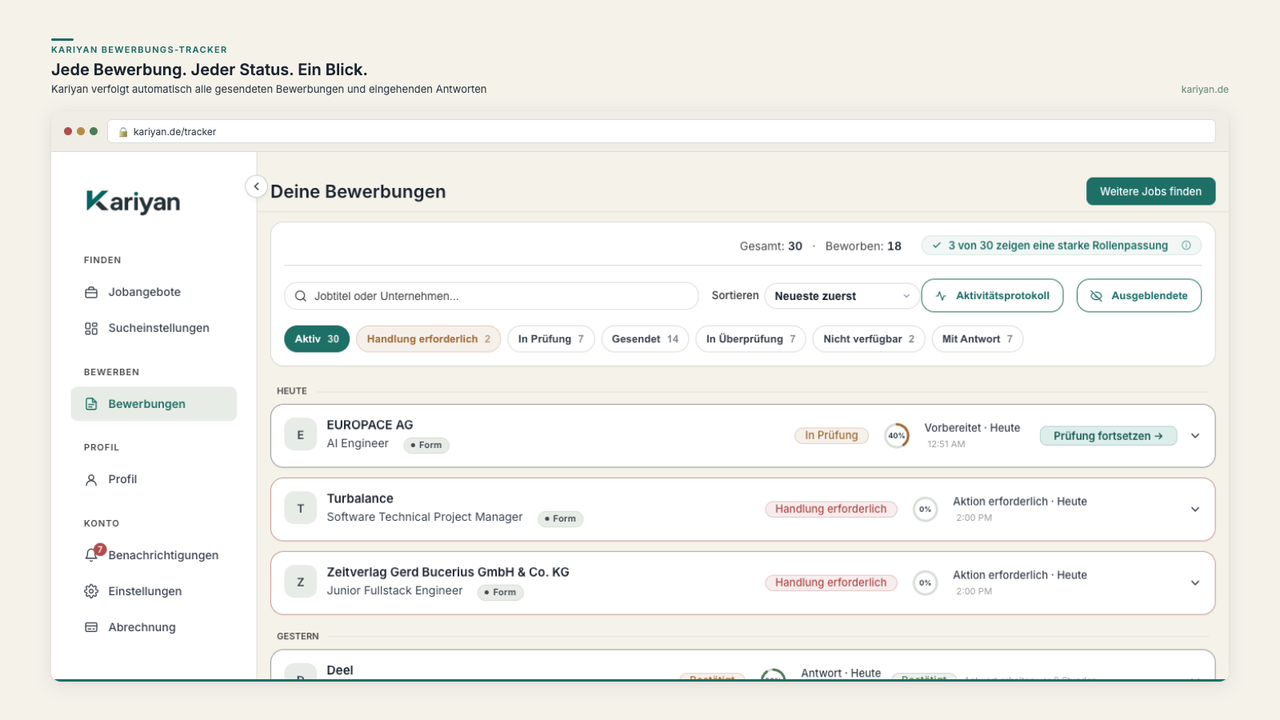 Kariyan Bewerbungs-Tracker mit der vollstaendigen Bewerbungspipeline vom Matching bis zum Versand mit Status-Badges